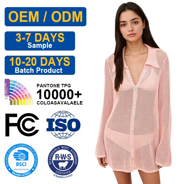 OEM/ODM Women's Knitted Fashion Casual Dress-Summer Breathable Button Design Cardigan Solid Color Openwork Pattern