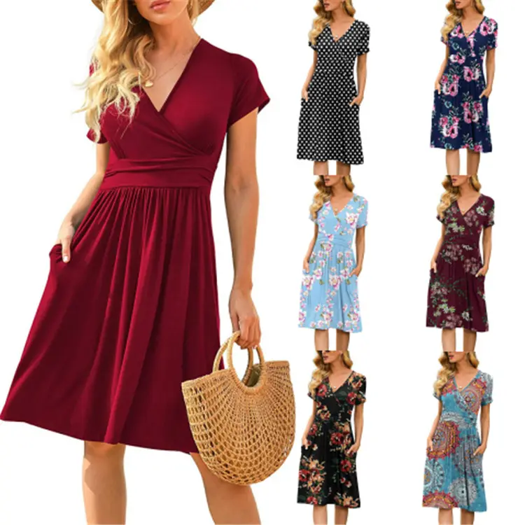 Office Lady Women Short Sleeve Deep V Shirt Dress Summer Sexy Printed Floral Midi Beach Dress Elegant Party Dress Vestidos