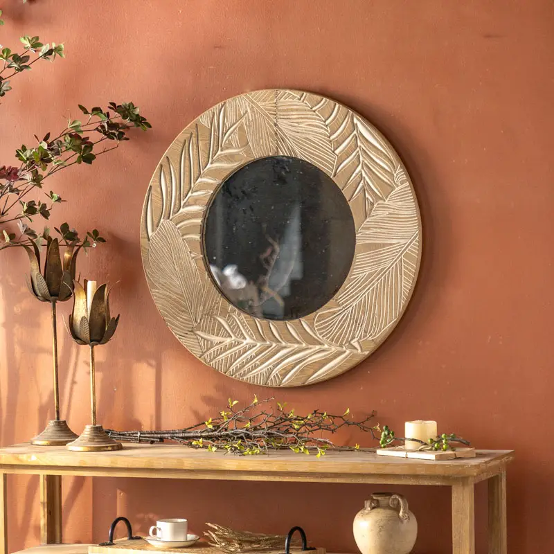 Rustic Simple Carve Wood Art Decorative Wall Mirror for Home Decor and Living Room Hanging Design Farmhouse