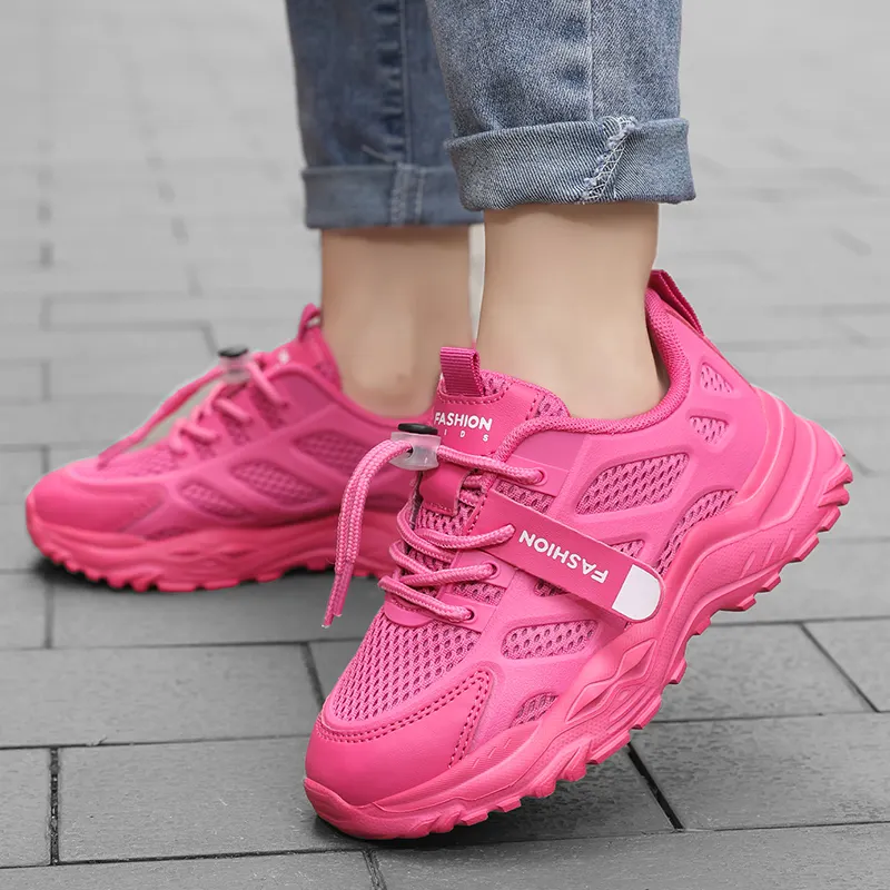Pink High Quality Kids Sports Running Shoes Girls Boys Children Breathable PU Mesh Upper EVA Midsole Anti-Skid Outsole Four