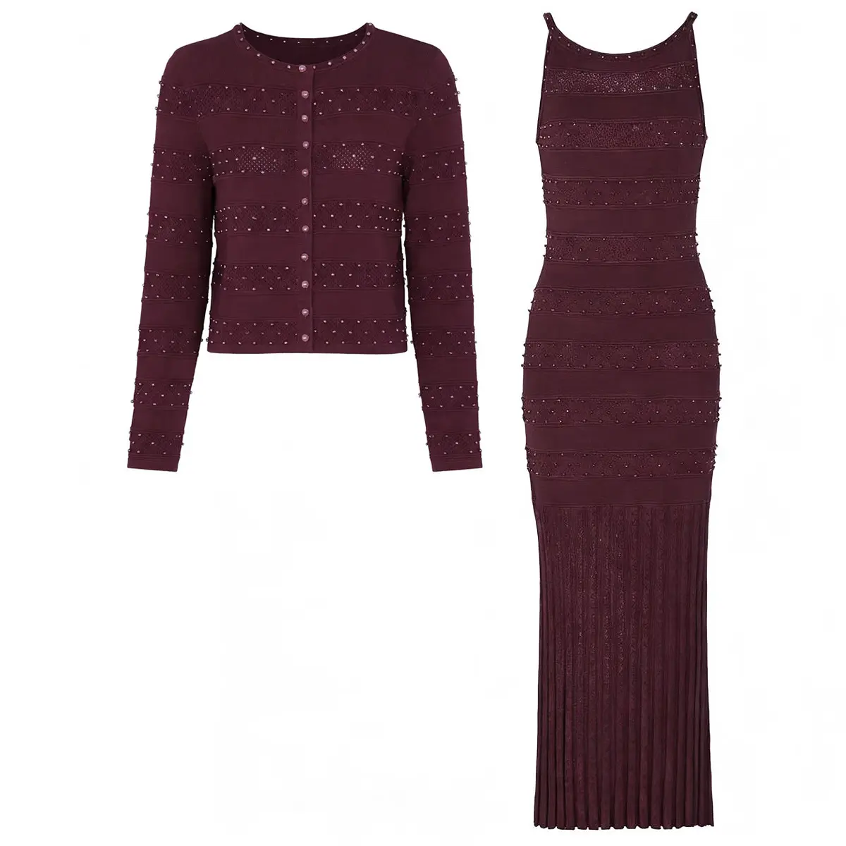 2026 High-Quality 3 Pcs Set Women Beading Knitted Dress with Short Sleeve Top Long Sleeve Cardigan and Midi Knitted Dress Sets