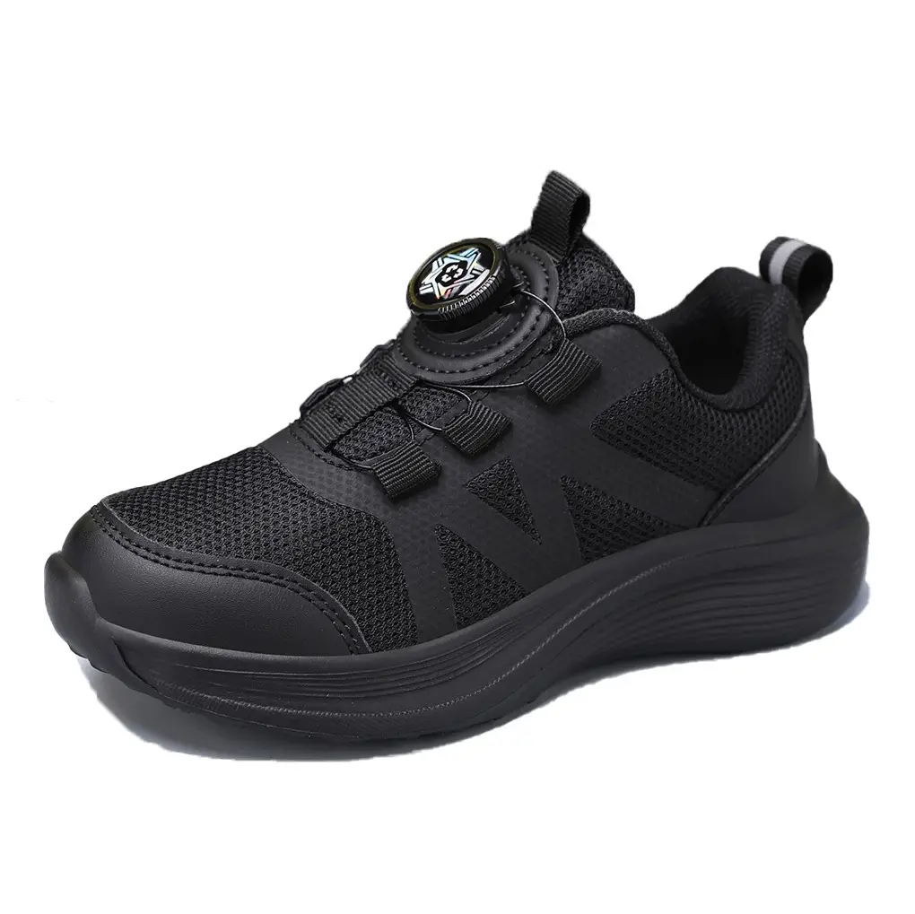 Low MOQ Kids Black School Shoes Boys Casual Sneakers Rotate Button Comfort Breathable Children Sport Shoes