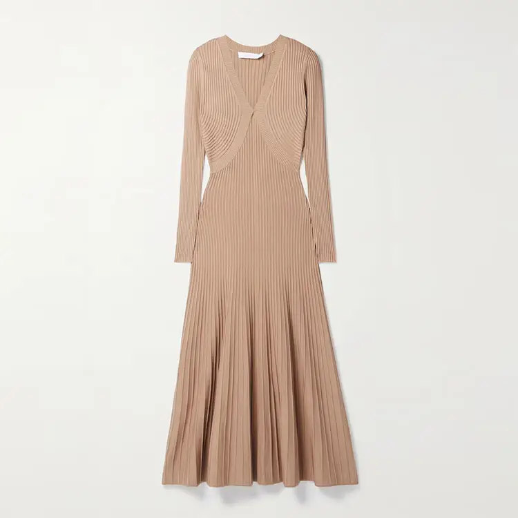 Knitwear Manufacturers Custom v Neck Long Sleeve Big Hem Fall 2022 Women Clothes Maxi Dresses Rib Knit Sweater Casual Dress