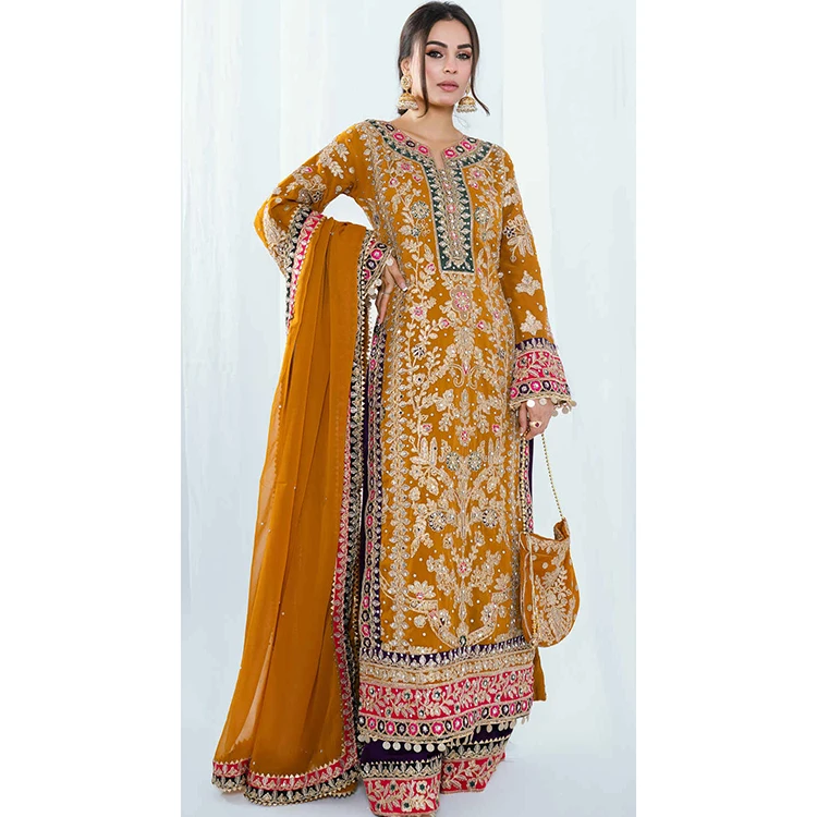 New Edition Elegant Detail Gotta Work Hand Crafted 3 Piece Long Shirt Trousers & Dupatta Sets For Wedding & Party Wears