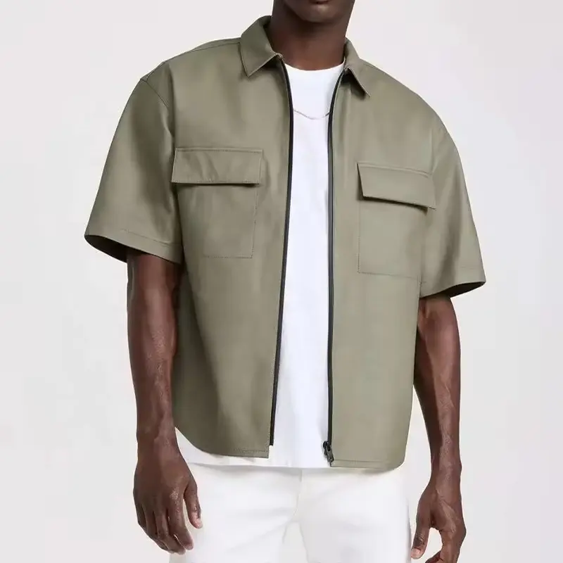 Wholesale Men's Half Sleeve Leather Shirt Custom Logo Solid Loose Fit Stand Embroidered Breathable Plus Size Casual Zipper